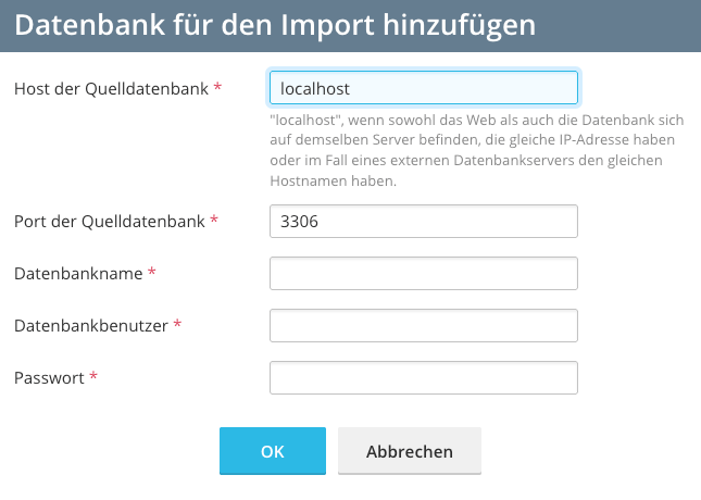 Datenbank Verbindungsinformationen Import